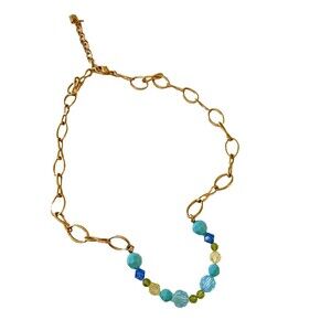 SWAROVSKI GOLD TONE WIDE LINK CHAIN WITH BLUE CRYSTAL NECKLACE